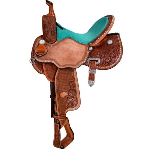 A barrel racing western saddle featuring hand tooled leather and roughout seat with customizable seat size and color, and personalized silver conchos